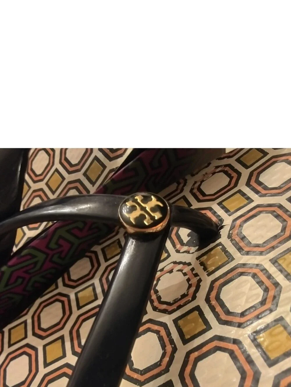 Tory Burch Blue Patent Logo Thong Sandals with Geometric Print Footbed